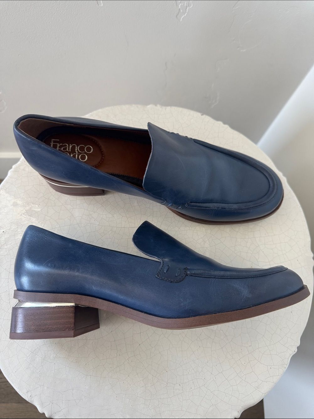 Franco Sarto Blue Leather Slip-On Loafers Block Heel Silver Accents Women’s Sz 8 - Picture 9 of 12